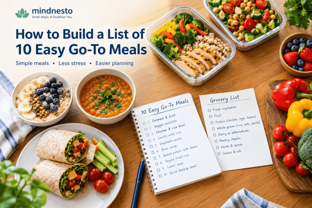 Simple go-to meals with rice, vegetables, eggs, and beans arranged on a kitchen table, mindnesto