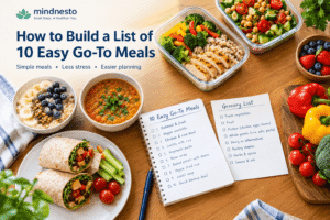 Simple go-to meals with rice, vegetables, eggs, and beans arranged on a kitchen table, mindnesto